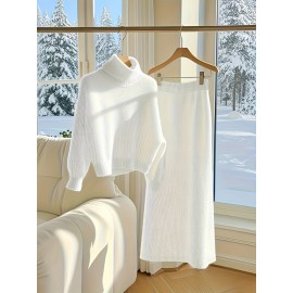 White Plus Size Cozy Sweater and Skirt Set - Soft, Ribbed, Long Sleeve Top with High-Waisted, Flowy Skirt - Perfect for Winter, All-Season Comfort, Winter Clothing | Ribbed Skirt | Construction, Sweater Set