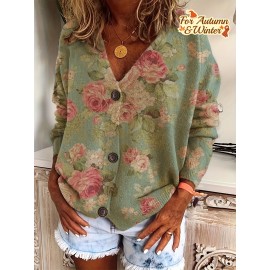 Plus Size, Autumn-Winter V-Neck Loose Fit Off-Shoulder Color Block Gradient Floral Print Button-Up Long Sleeve Women's Cardigan, Casual Elegant Commuter Sweater, Versatile Layering Outerwear