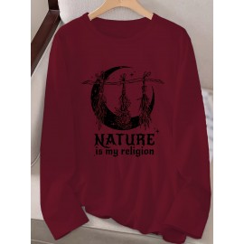 Women's Casual Long Sleeve Crew Neck Graphic T-Shirt - Sun Moon Stars Print with 